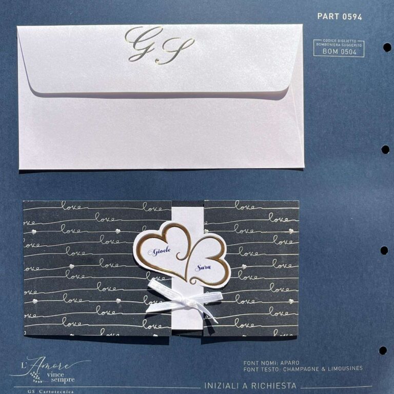 Partecipazione con custodia blu e trama con scritta 'Love' + busta coordinata