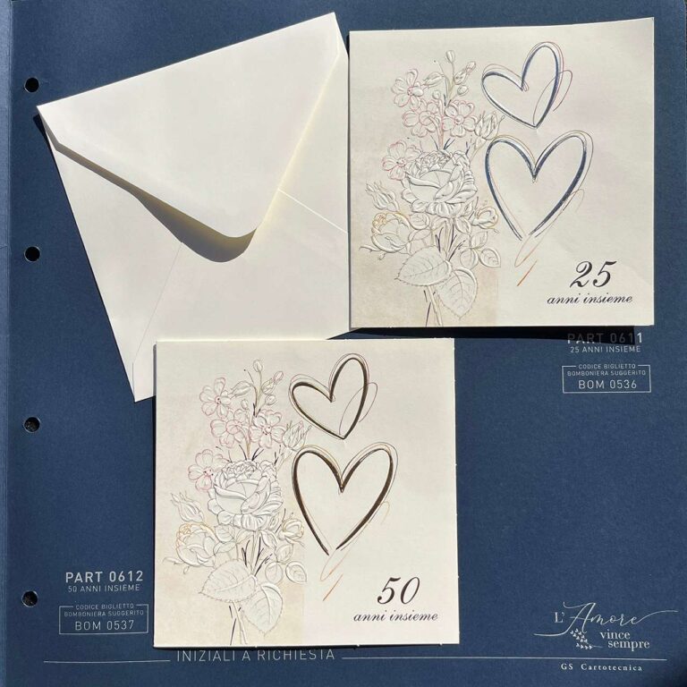 Partecipazioni per i 25 o i 50 anni di matrimonio: vista delle copertine e della busta