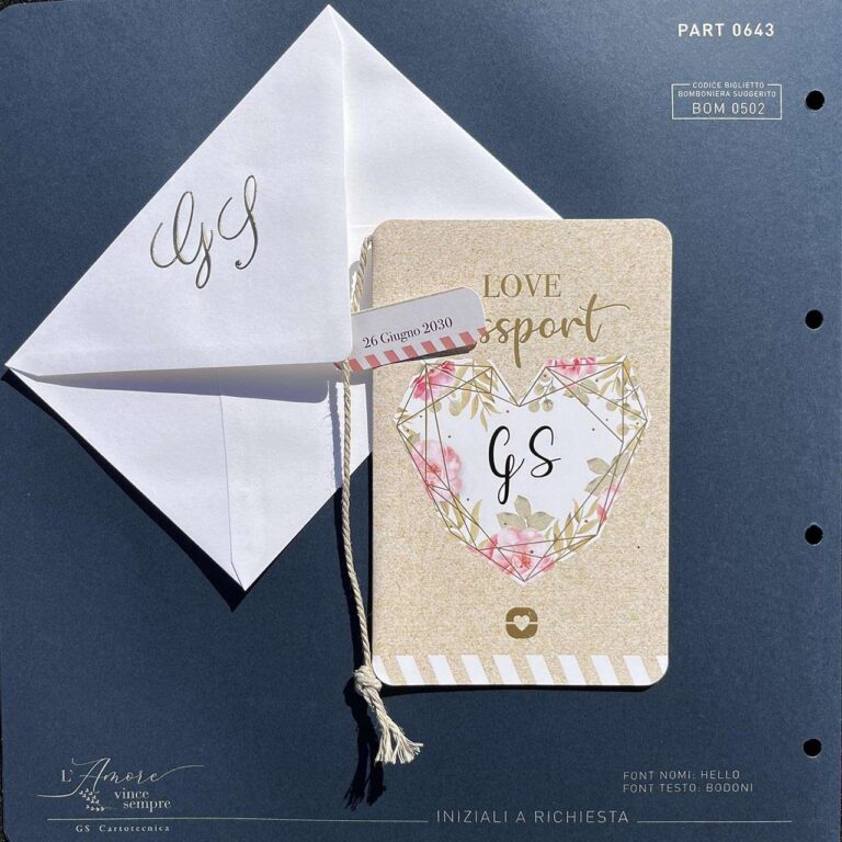 Partecipazione di matrimonio tema 'Passaporto': vista della busta e della copertina