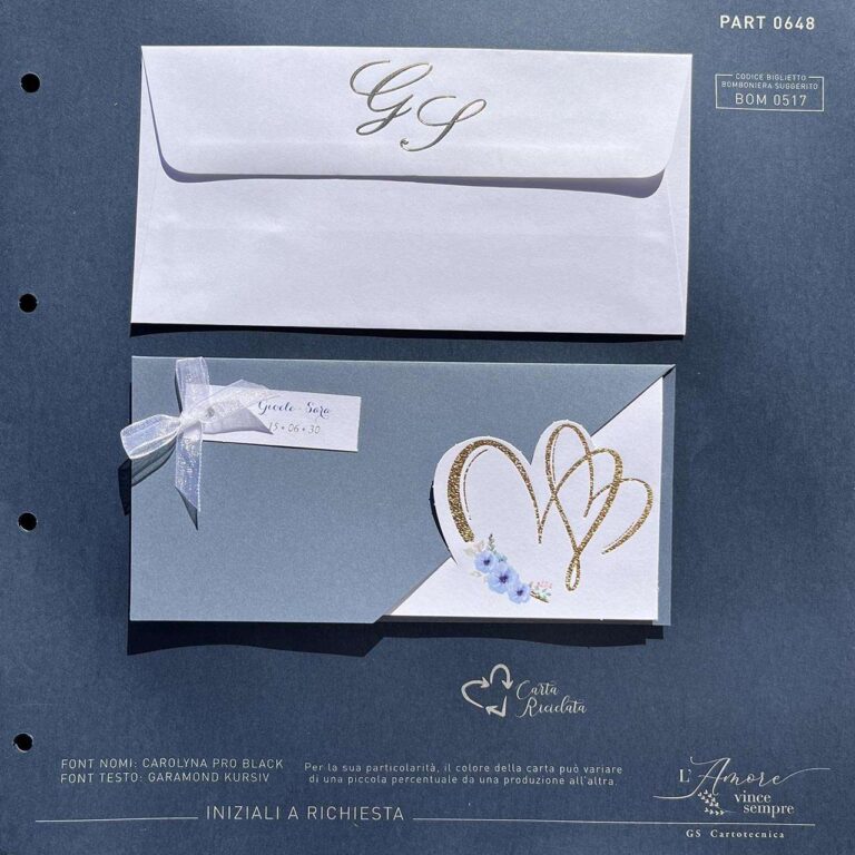 Partecipazione con custodia blu Carta da Zucchero, cuori dal bordo oro glitterato, fiocco in tulle e piccolo tag: vista della busta e della copertina