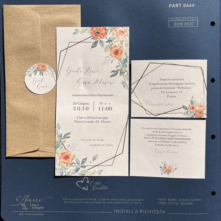 Partecipazione + invito + iban + tag tondo con fiori arancioni e cornice filiforme in oro a caldo con busta in carta kraft