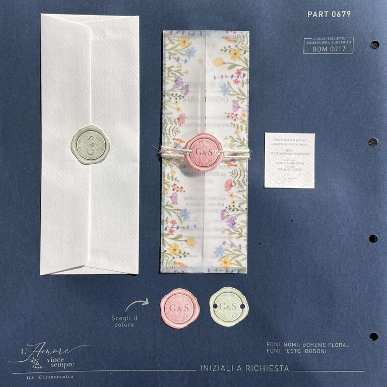 Partecipazione a segnalibro con custodia in carta velina decorata con fiori e chiusa con spago e tag: vista della busta, della copertina, del cartoncino iban e dei tag colorati