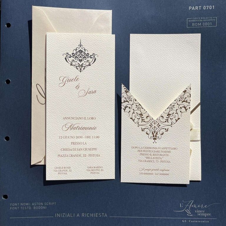 Partecipazione con fiocco in raso color oro: vista dei cartoncini